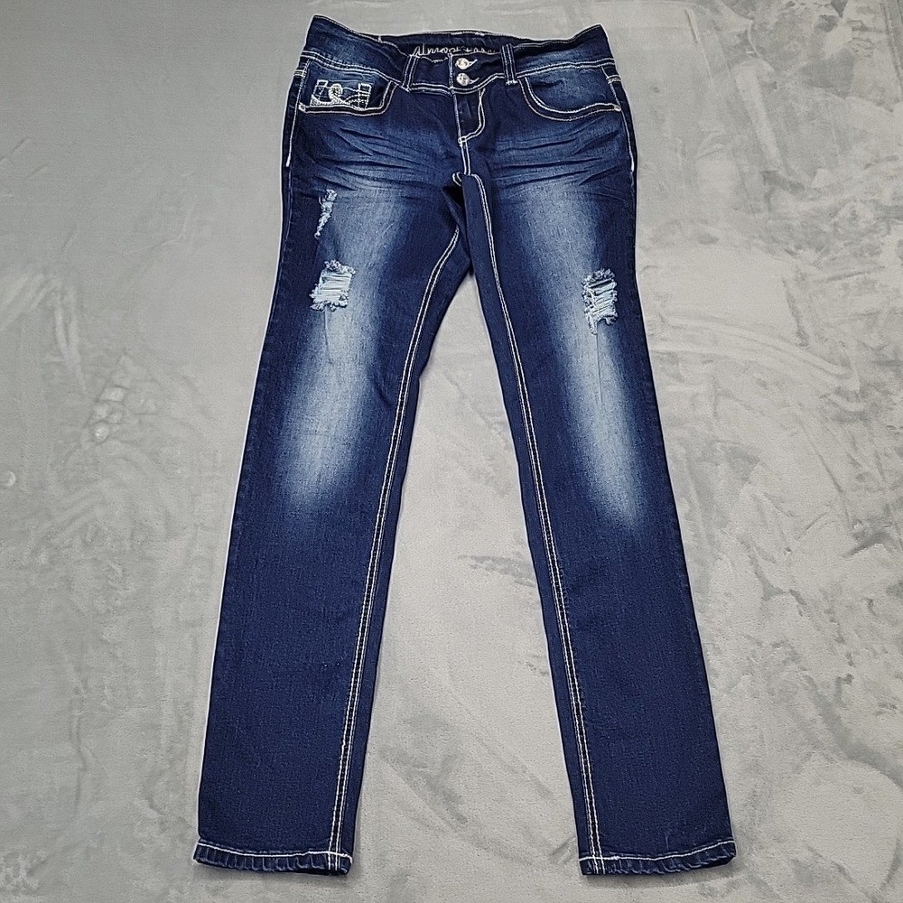 Almost Famous Jeans Womens 11 Blue Distressed‎ Embellished Skinny Denim Y2K